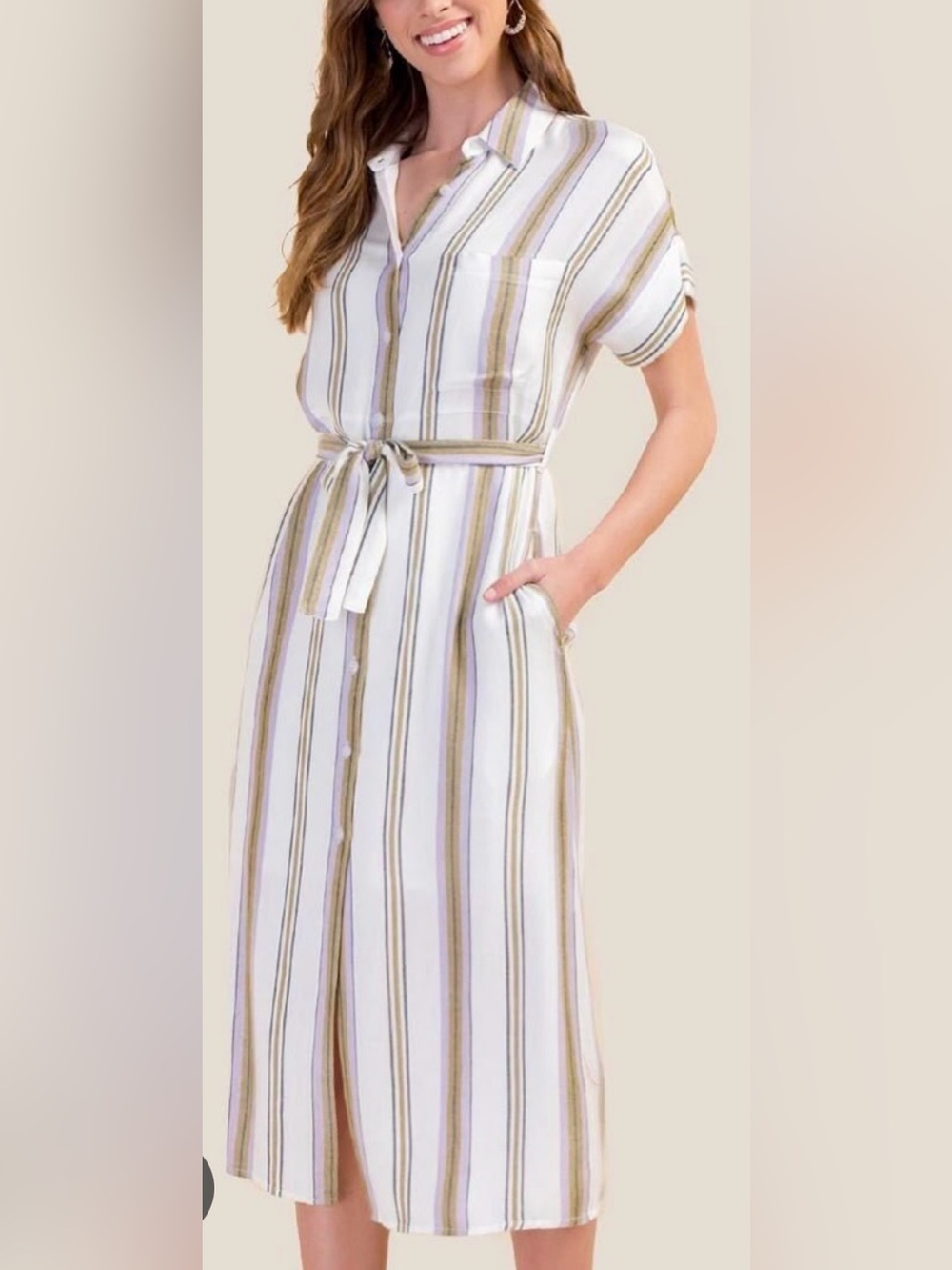 Harper Heritage Short Sleeve Stripe Belted Midi Button-down Dress Size M